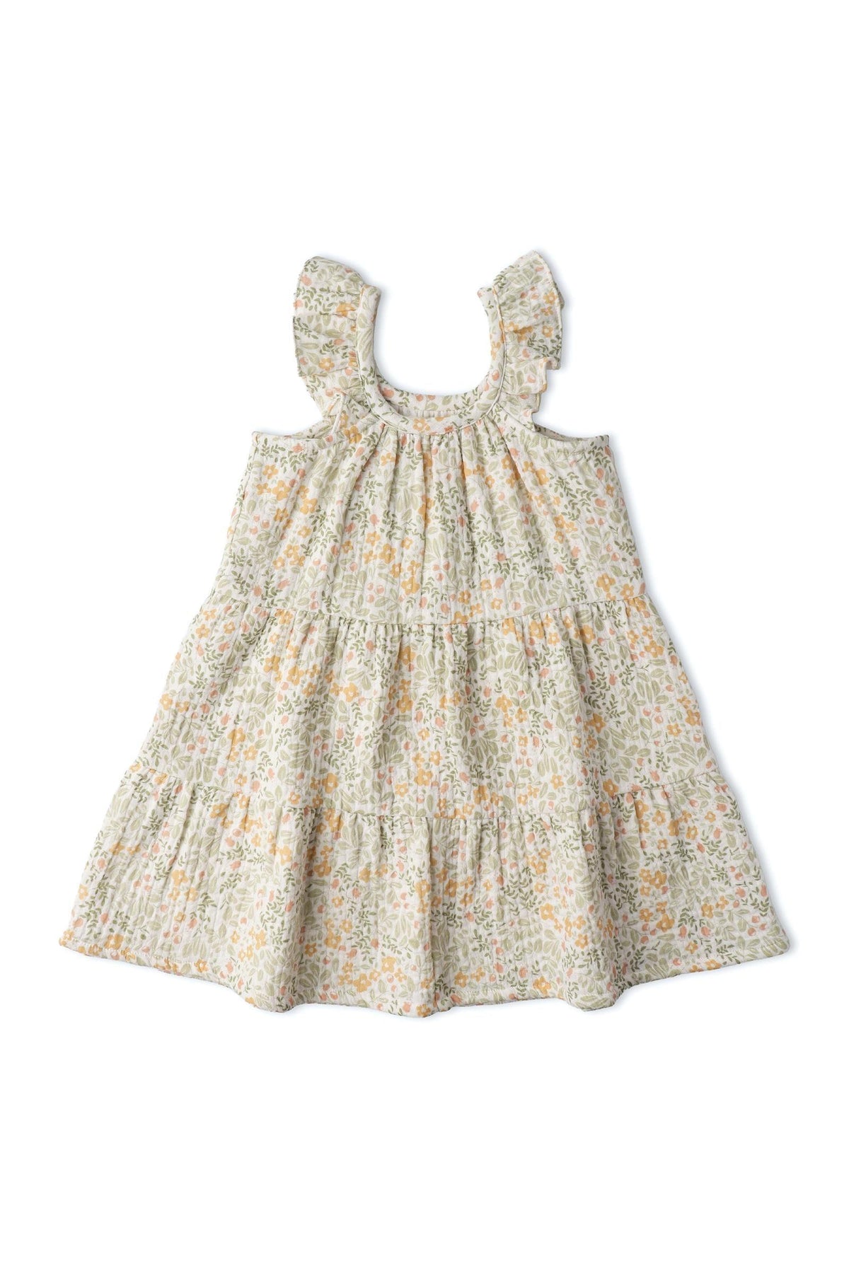 A light floral organic cotton dress featuring cascading ruffle tiers and a relaxed silhouette, perfect for children. Ideal for sunny days, it combines style and comfort in eco-friendly fabric.