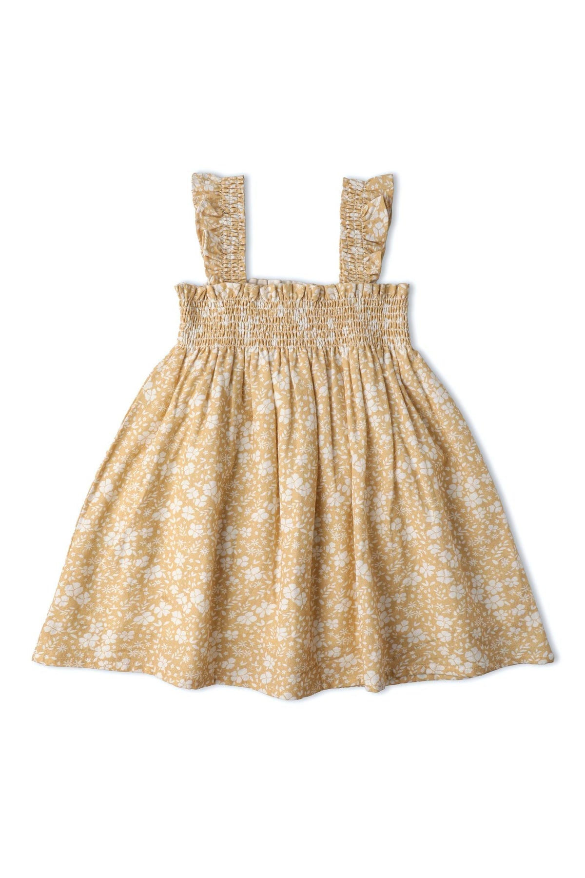 A yellow blossom print sundress featuring a smocked bodice and ruffled straps. Made from a breathable linen-cotton blend, it offers lightweight comfort for warm summer days.