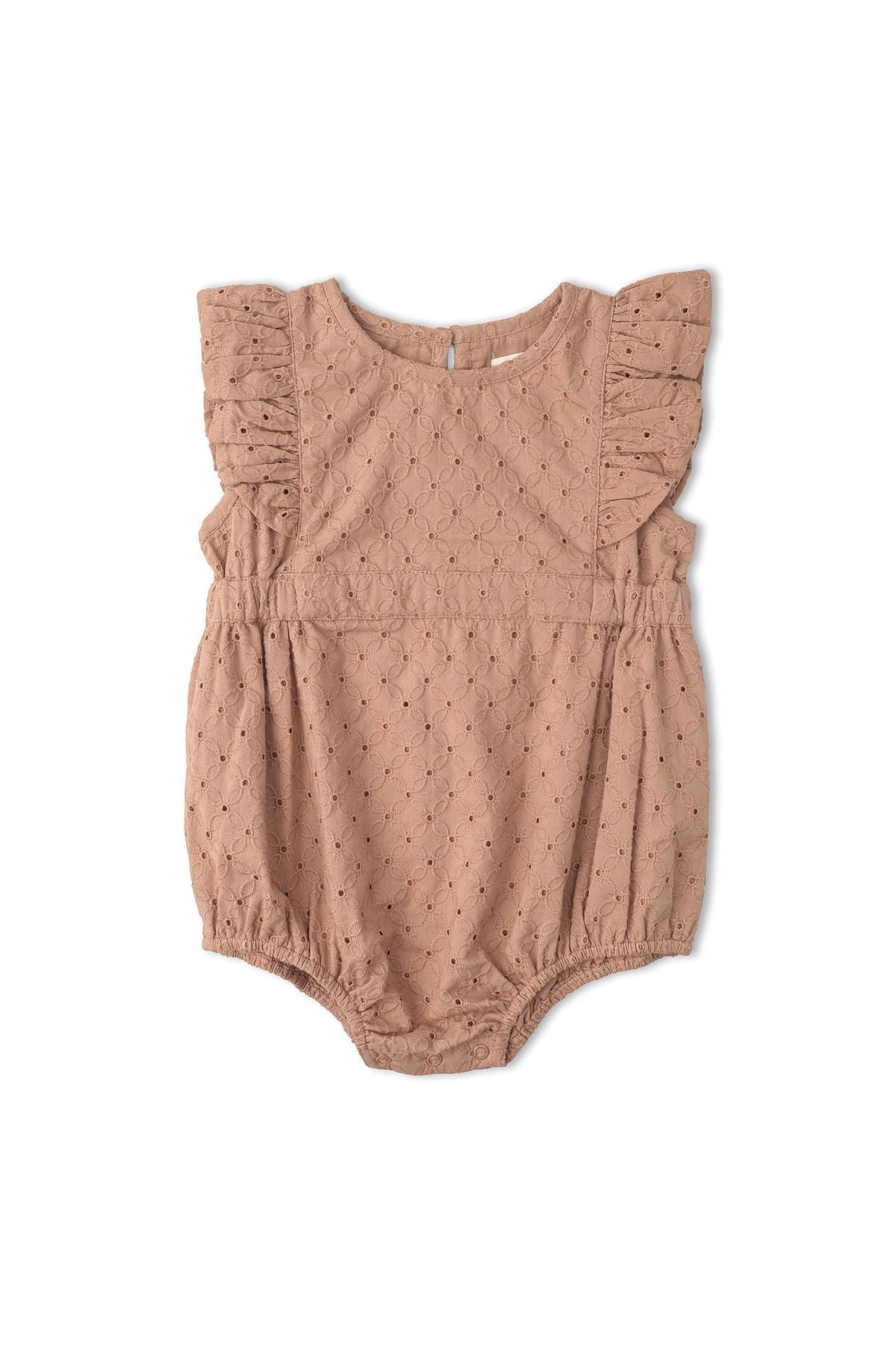 A clay-colored organic cotton romper featuring delicate eyelet embroidery, flutter sleeves, and a relaxed fit, perfect for warm-weather outings. Ideal for babies and toddlers seeking comfort and style.