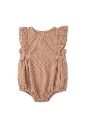 A clay-colored organic cotton romper featuring delicate eyelet embroidery, flutter sleeves, and a relaxed fit, perfect for warm-weather outings. Ideal for babies and toddlers seeking comfort and style.