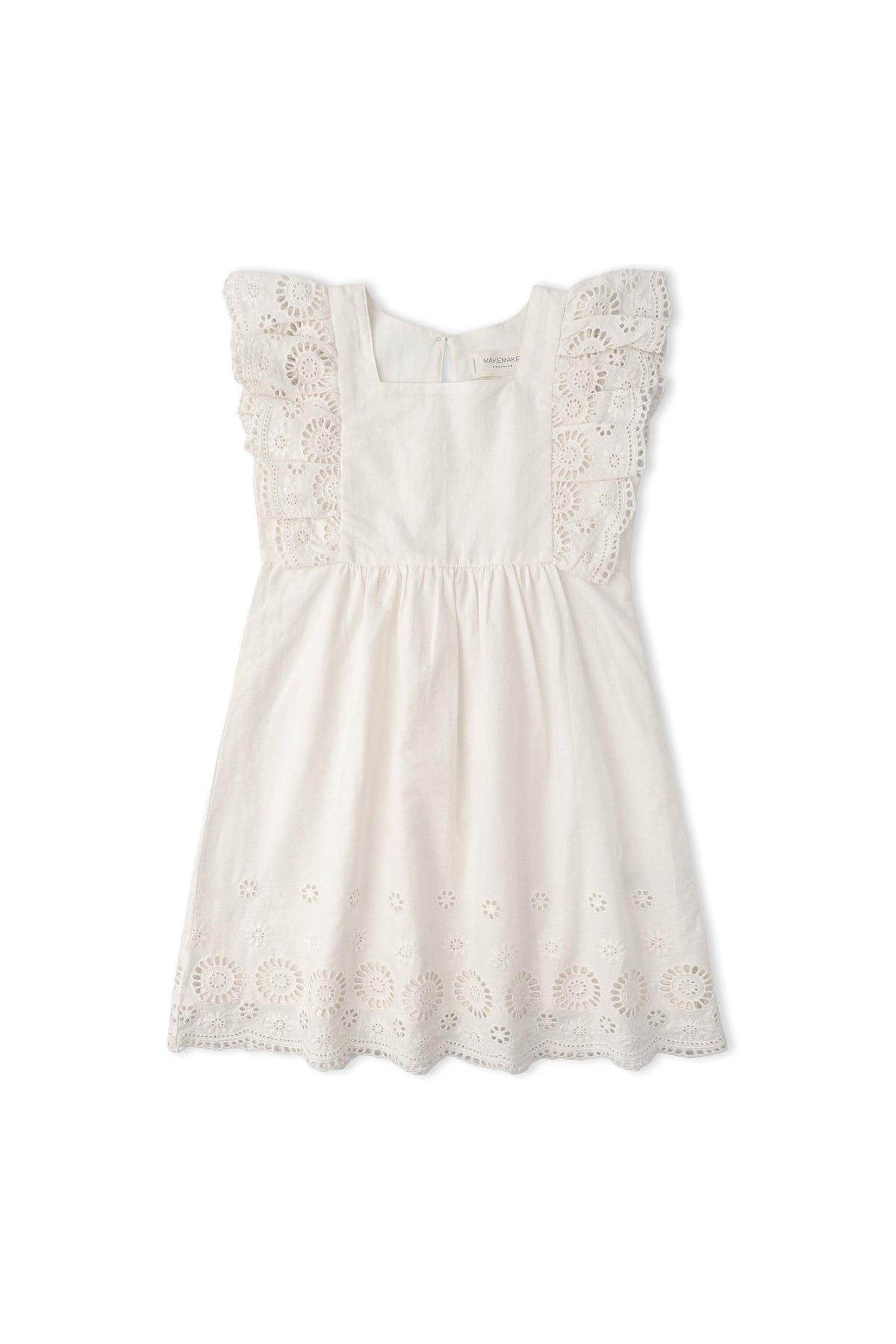 An ivory organic cotton dress featuring delicate eyelet detailing and flutter sleeves. This light, airy dress is designed for comfort and play, perfect for young children.