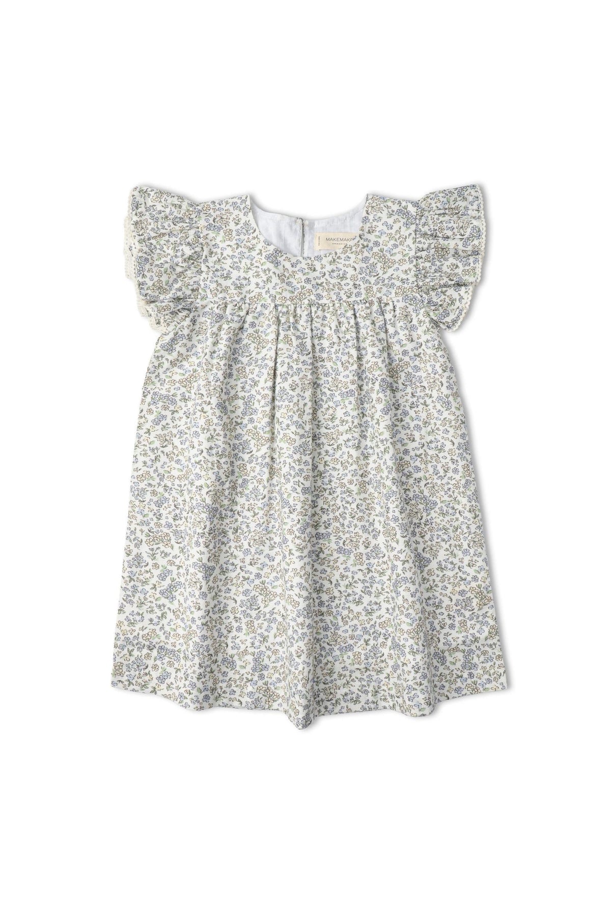 A light blue organic cotton dress featuring flutter sleeves and a delicate floral print. This charming piece is perfect for young girls, combining comfort and style for everyday wear.