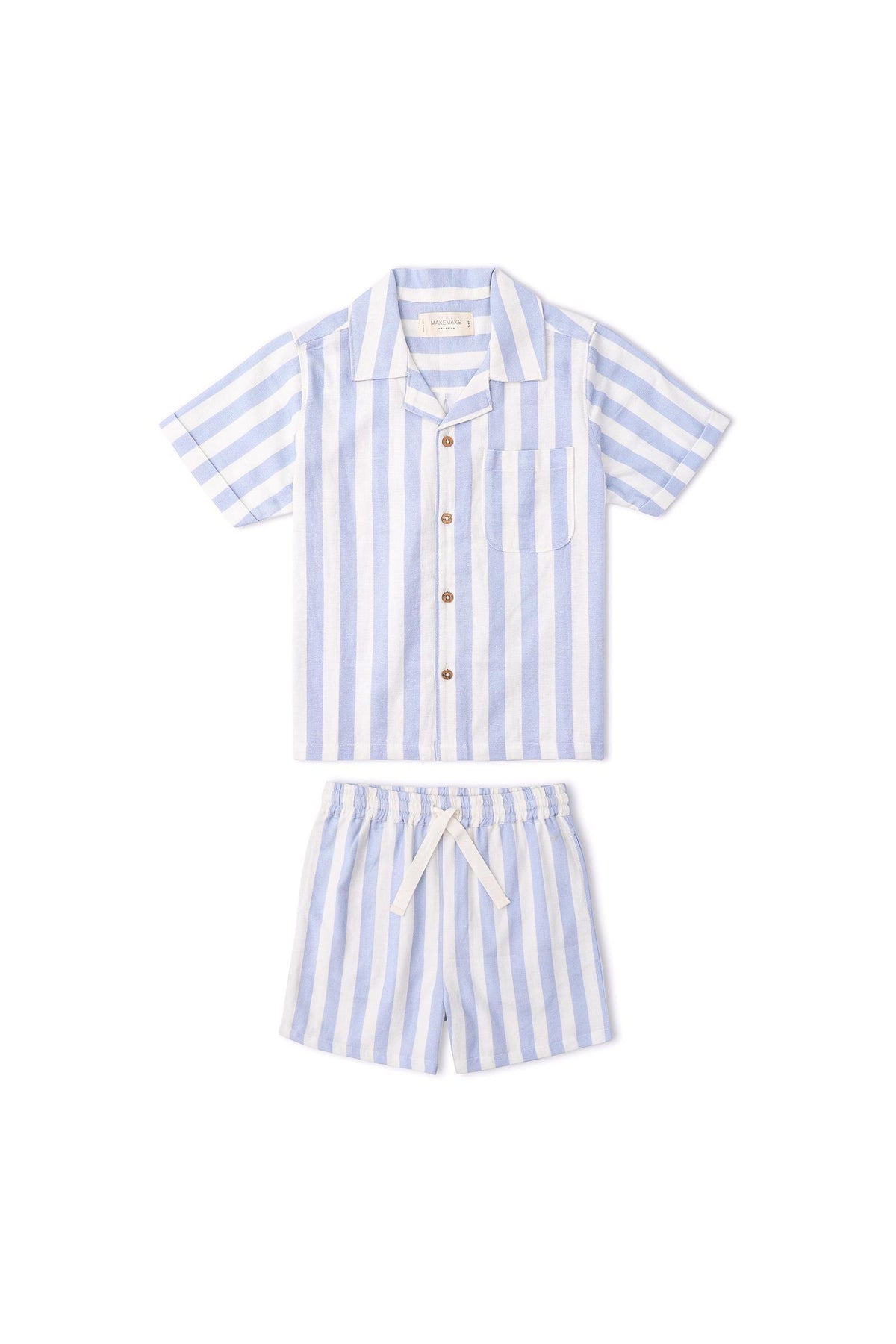 A blue and white striped shirt and shorts set made from lightweight organic cotton. The short-sleeve shirt features a pocket and wooden buttons, perfect for kids summer wear.
