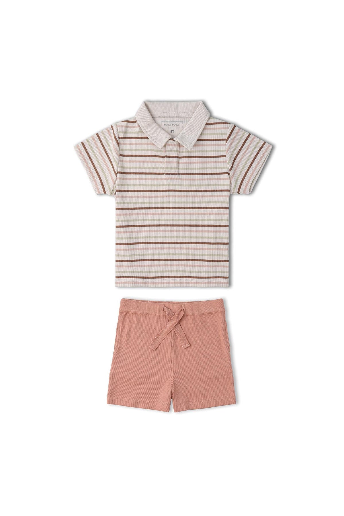 Organic cotton collar tee and shorts set features a beige and terra striped shirt paired with soft pink shorts, perfect for sunny day adventures. Ideal for playful, eco-conscious children.