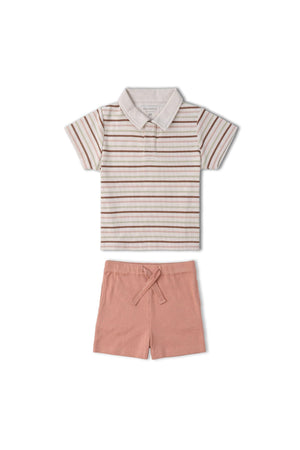 Organic cotton collar tee and shorts set features a beige and terra striped shirt paired with soft pink shorts, perfect for sunny day adventures. Ideal for playful, eco-conscious children.