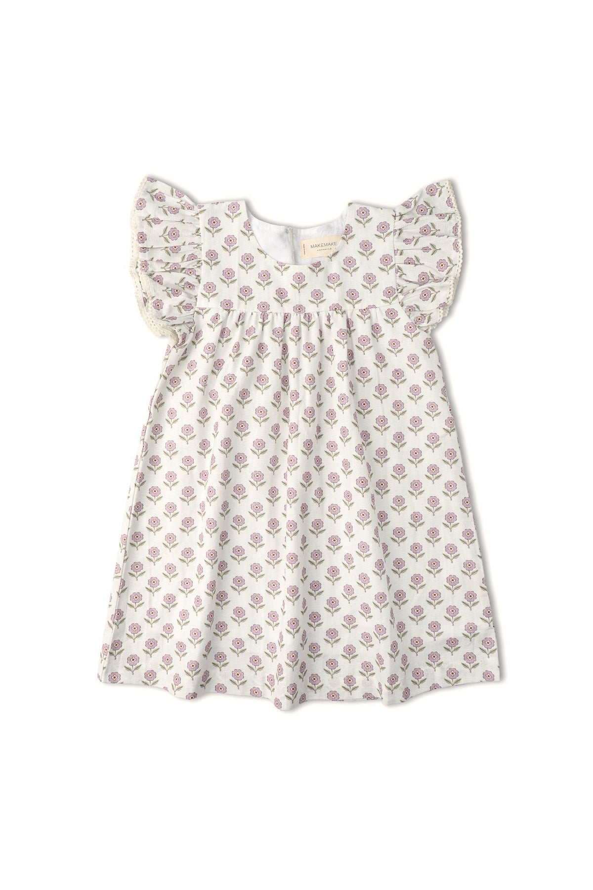 A short sleeve flutter dress in soft white fabric adorned with a lavender floral print. This organic cotton dress is suitable for young children, promoting comfort and style.