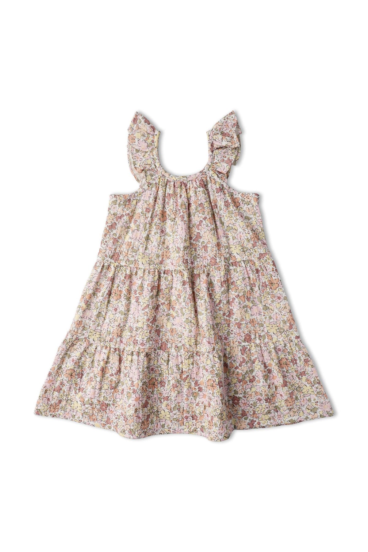 A pastel floral ruffle tiered dress featuring cascading ruffles and a relaxed silhouette. Made from organic materials, this dress is perfect for children’s playful outings and sunny days.