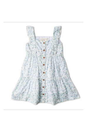 Light blue dress with soft flutter sleeves and a tiered design, featuring a button front. Made from organic materials, this dress embodies comfort and timeless style for everyday wear.