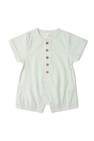 Light green short bubble romper with horizontal stripes, featuring a button-down front and relaxed fit. Made from soft organic cotton, its perfect for warm-weather comfort for young children.