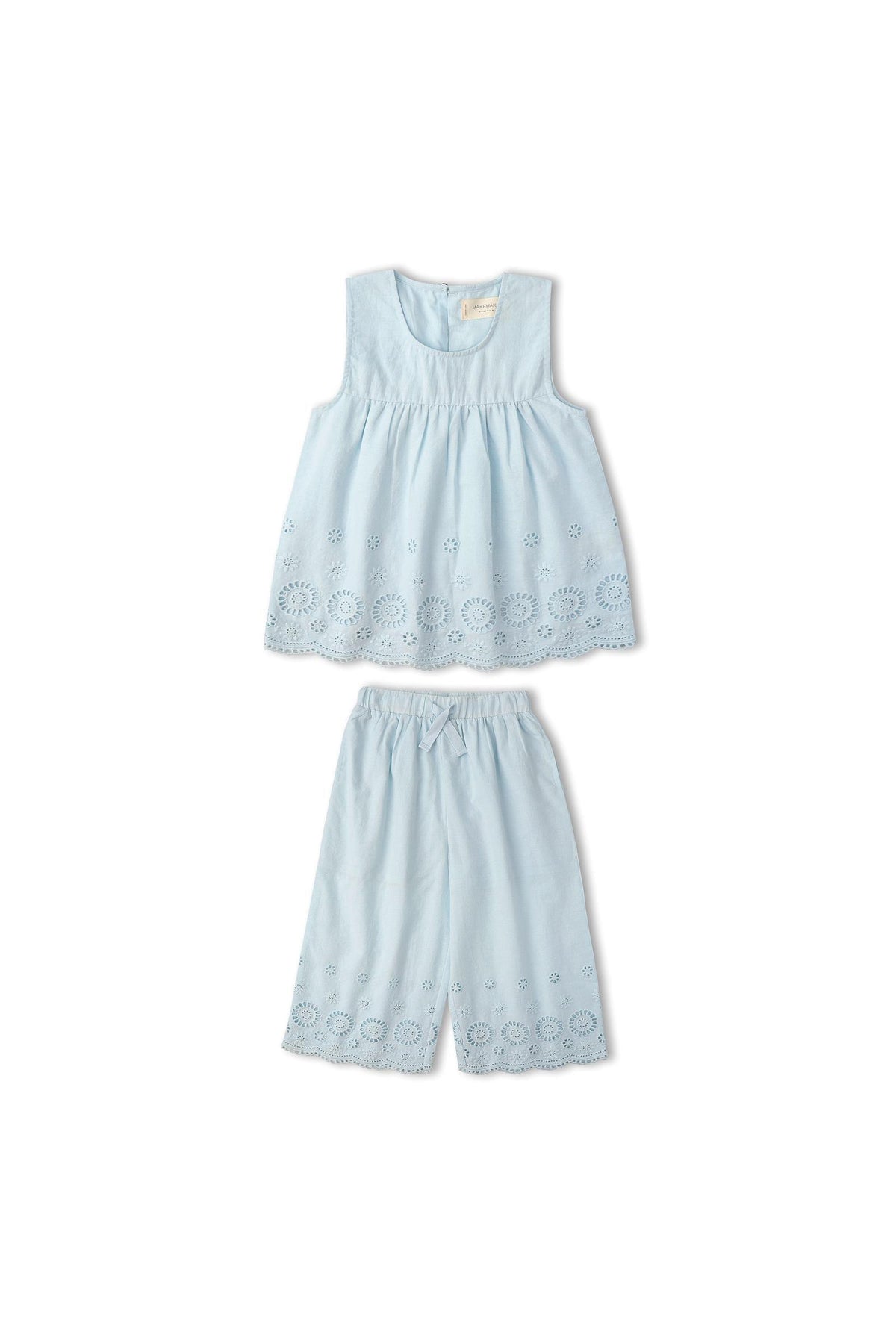 Light blue organic cotton eyelet top and pant set featuring delicate embroidered details. This breezy outfit is perfect for warm-weather outings and celebrations, ensuring comfort and style for little ones.