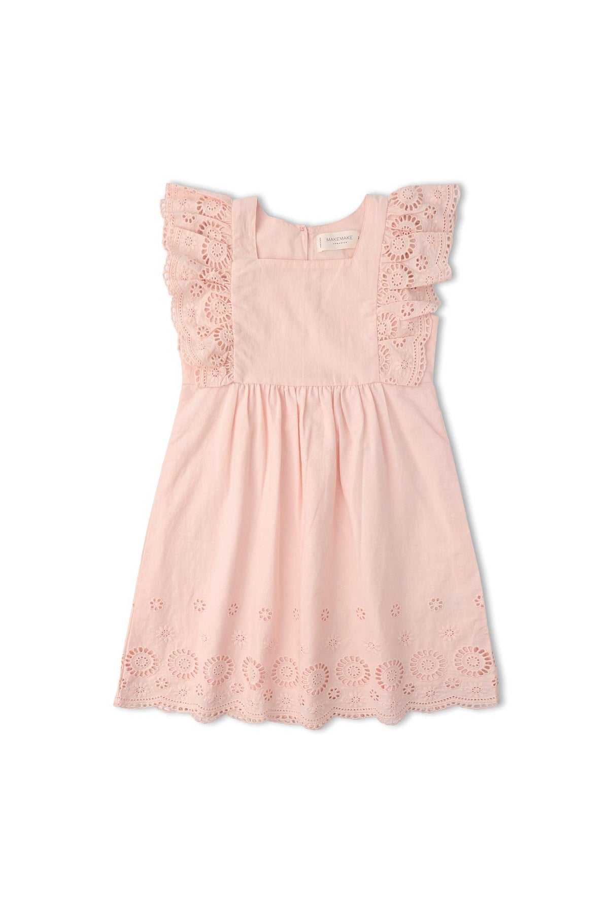 Light pink organic cotton dress featuring delicate eyelet flutter sleeves and embroidered detailing along the hem, perfect for young girls playdates and casual outings. Designed by Makemake Organics.