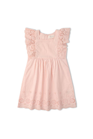 Light pink organic cotton dress featuring delicate eyelet flutter sleeves and embroidered detailing along the hem, perfect for young girls playdates and casual outings. Designed by Makemake Organics.
