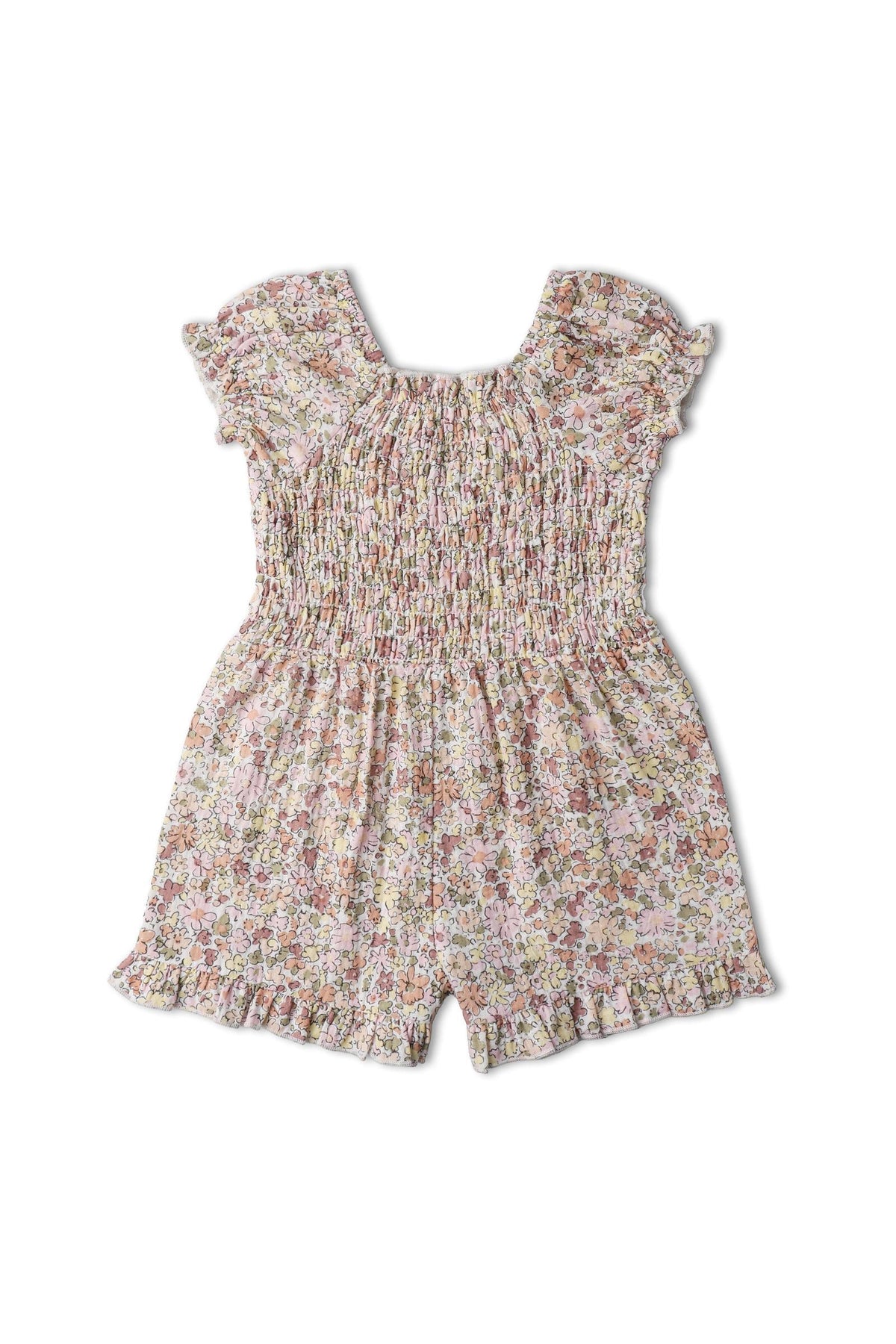 A pastel floral jumpsuit featuring a smocked bodice and frilled sleeves, made from soft organic cotton. This charming piece is perfect for comfortable, stylish wear on warm days.