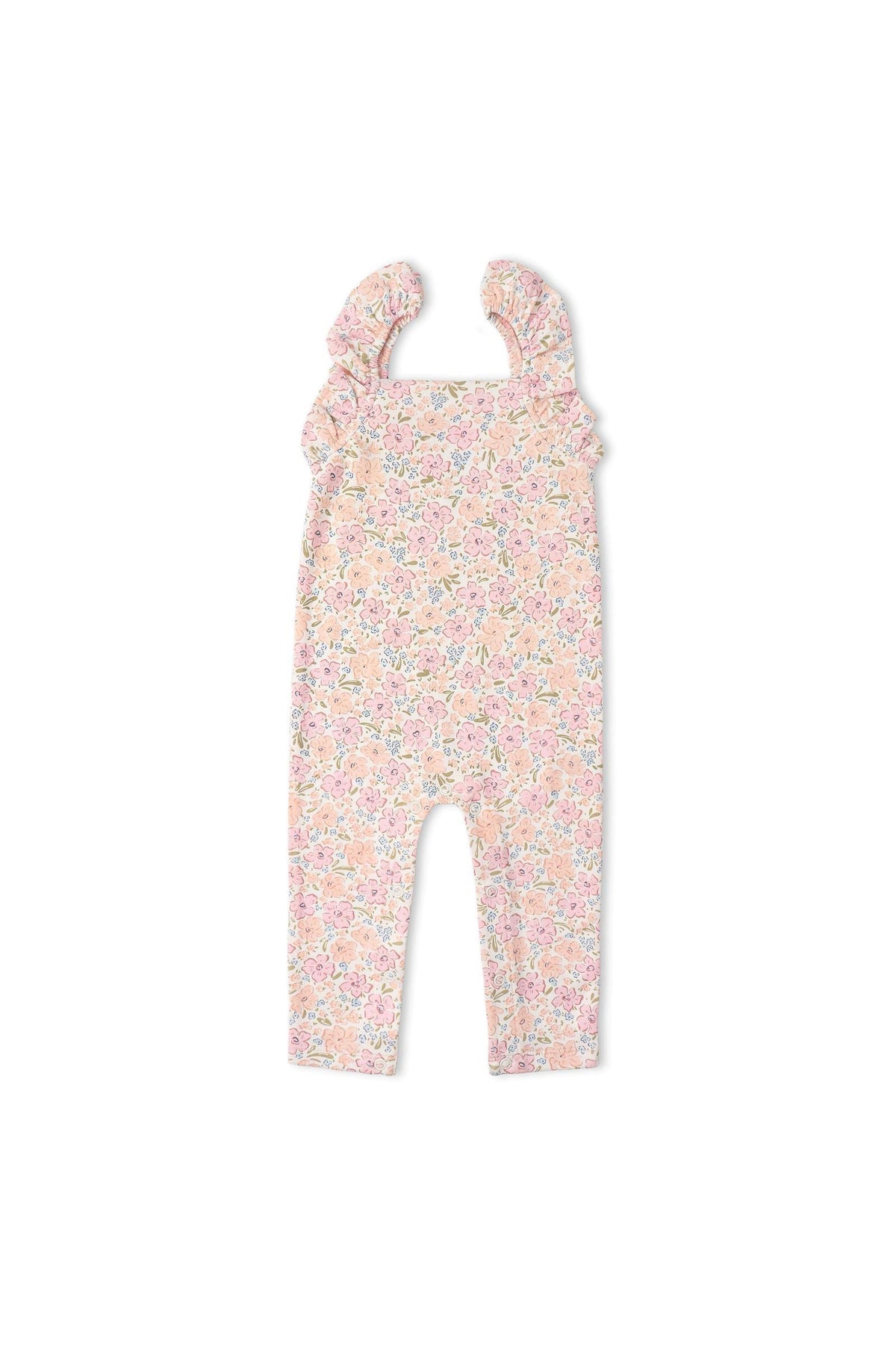 A floral-patterned organic cotton romper features delicate flutter sleeves and a relaxed fit, ideal for sunny days and designed for comfort in everyday adventures. Perfect for babies.