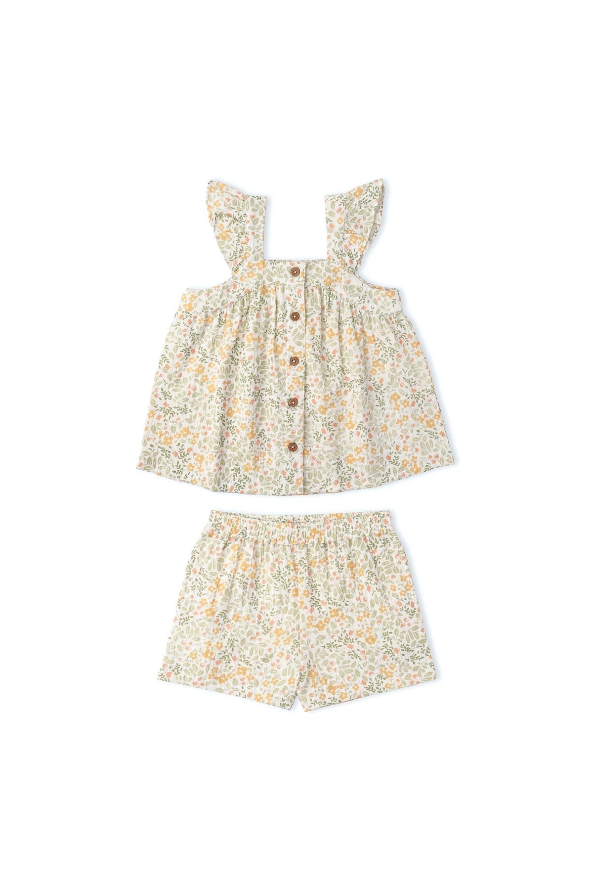 A two-piece set featuring a floral print top with button details and matching shorts. Made from organic cotton, this stylish outfit is perfect for summer playdates and outdoor activities.