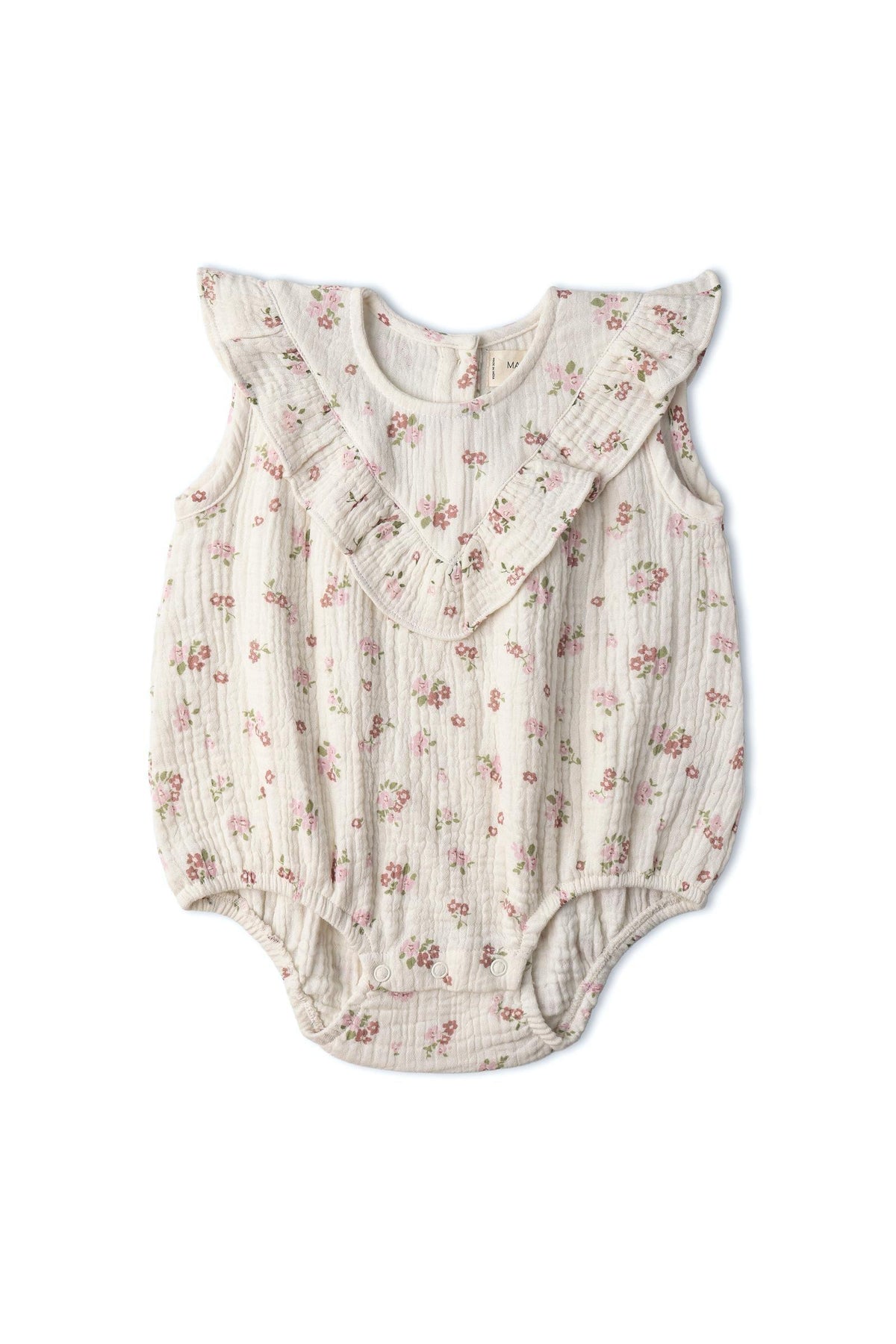 Organic cotton sleeveless bubble romper featuring a ruffled collar and a blush floral pattern. Ideal for warm weather, this playful design from Makemake Organics is perfect for infants.