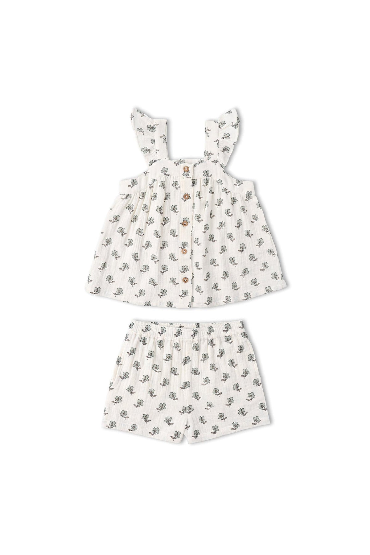 A two-piece organic cotton set features a flutter top with floral patterns and matching shorts. Perfect for summer, this lightweight outfit ensures comfort for kids during warm days.