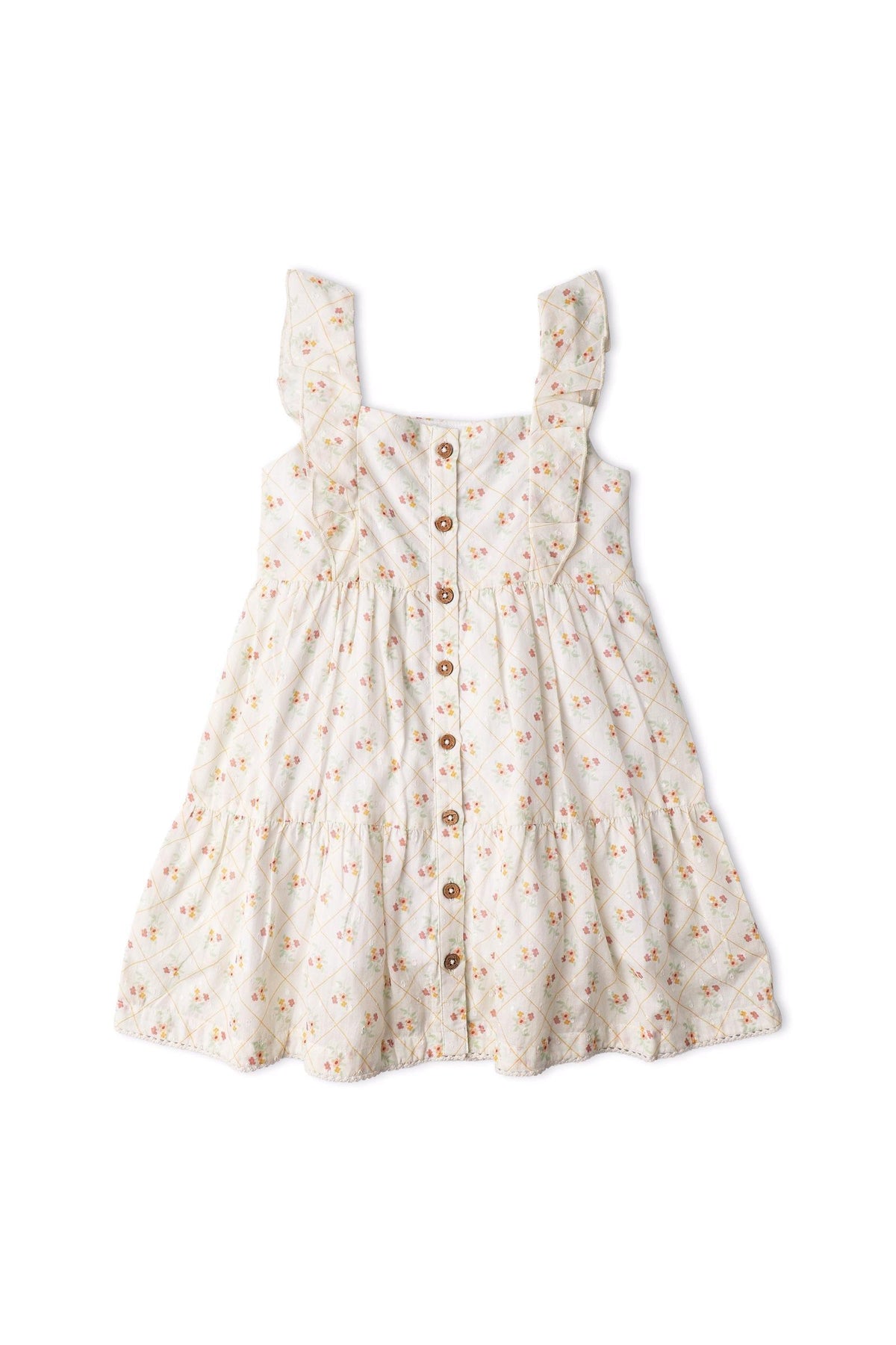 A light-colored, tiered dress with soft flutter sleeves, featuring a button front and floral patterns. This organic cotton dress is perfect for spring and summer wear for children.