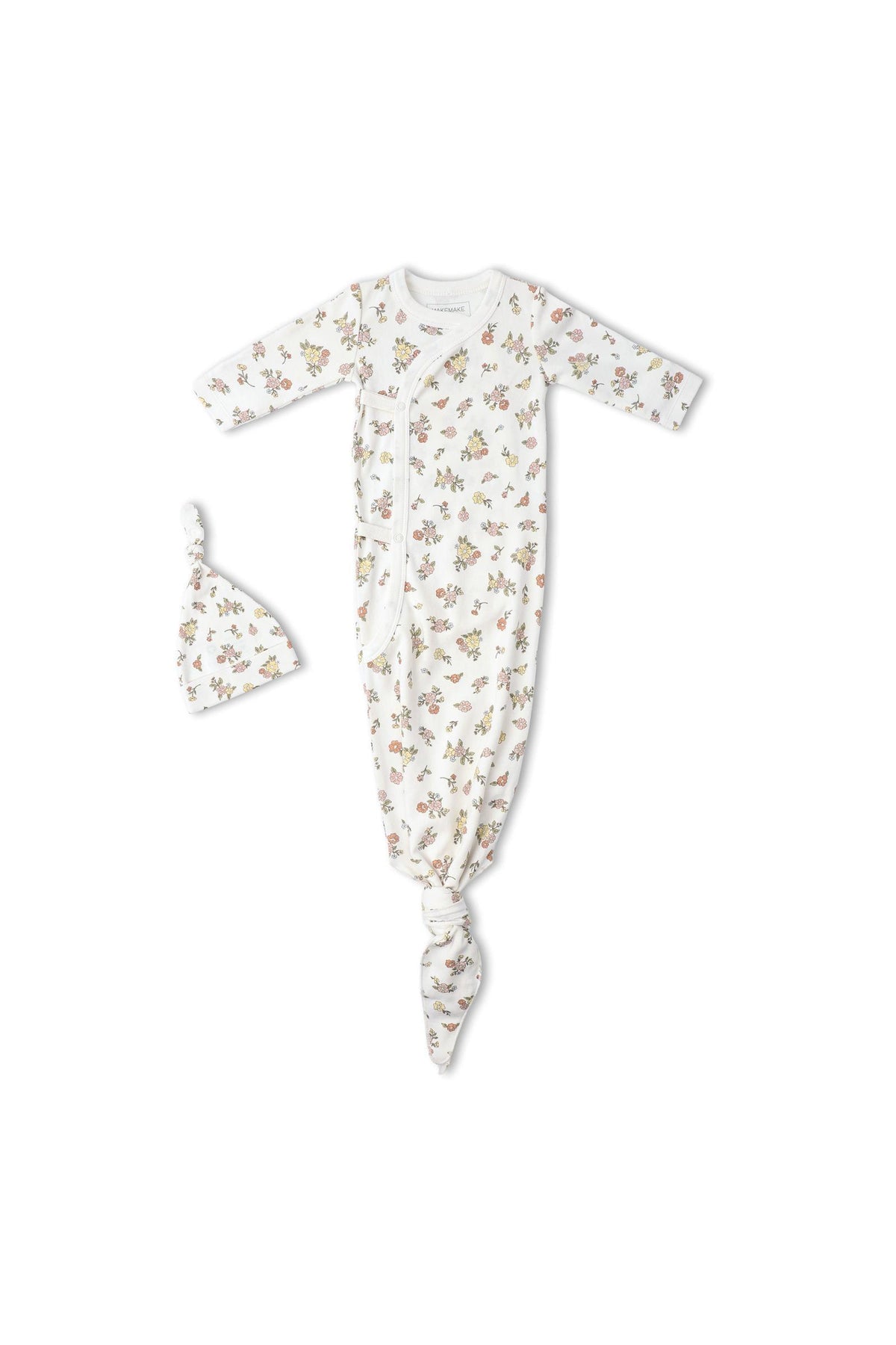 White organic cotton knotted sleep gown with a floral pattern, featuring long sleeves and a matching knotted hat. This comfortable and breathable gown is ideal for babys nighttime routine.