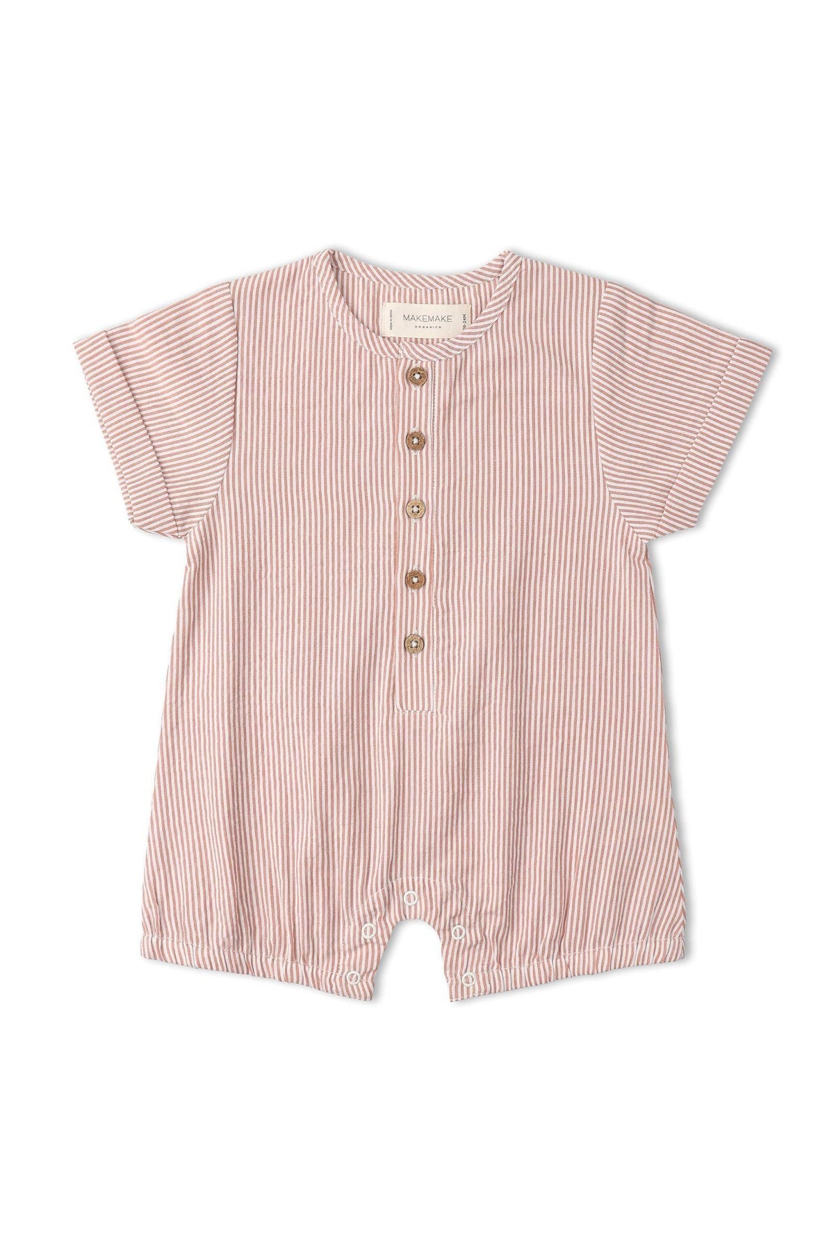 Organic short bubble romper in coral stripes, featuring a lightweight seersucker texture and a relaxed silhouette. Designed for comfort and ease of movement for young children.