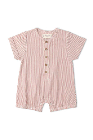 Organic short bubble romper in coral stripes, featuring a lightweight seersucker texture and a relaxed silhouette. Designed for comfort and ease of movement for young children.