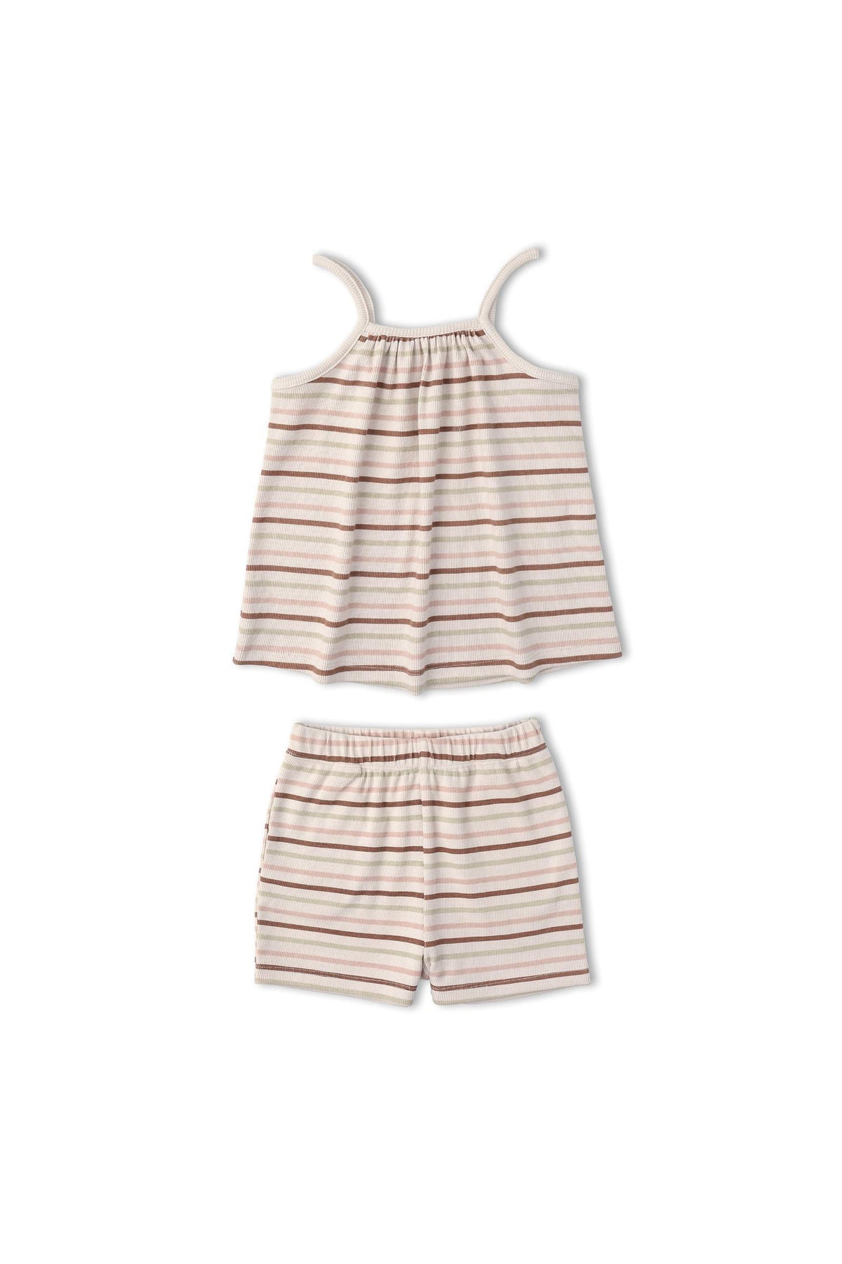 A soft, organic cotton tank top and shorts set featuring light beige fabric with colorful horizontal stripes. Ideal for children, this breezy outfit is perfect for warm, sunny days.