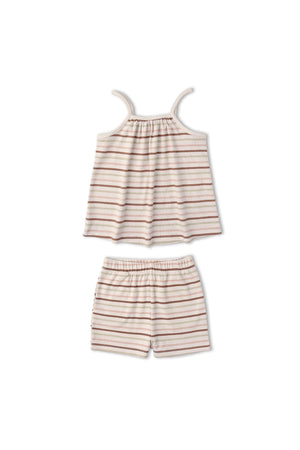 A soft, organic cotton tank top and shorts set featuring light beige fabric with colorful horizontal stripes. Ideal for children, this breezy outfit is perfect for warm, sunny days.