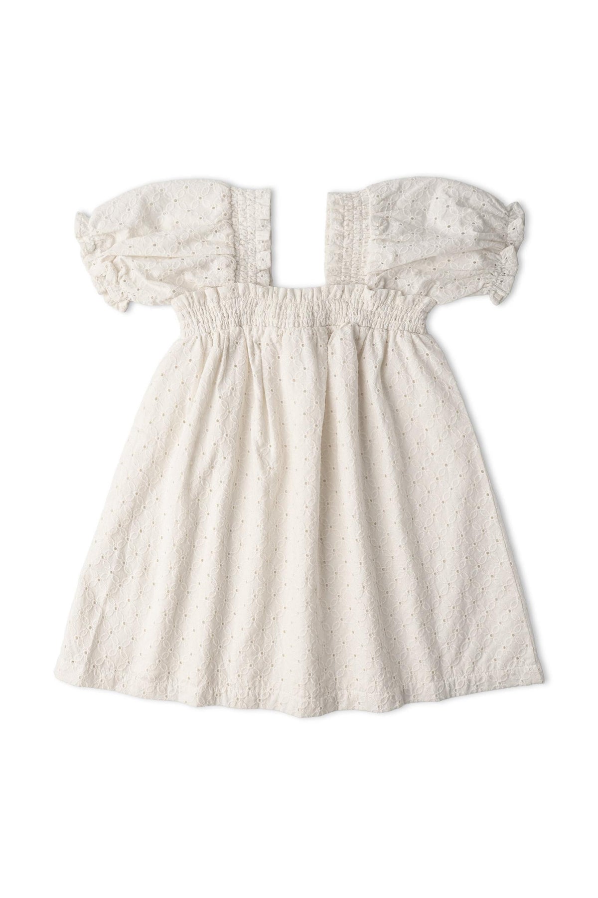 An ivory eyelet dress featuring bubble sleeves and delicate embroidery. Made from organic cotton, this dress offers a soft, breathable fit, perfect for warm-weather wear.
