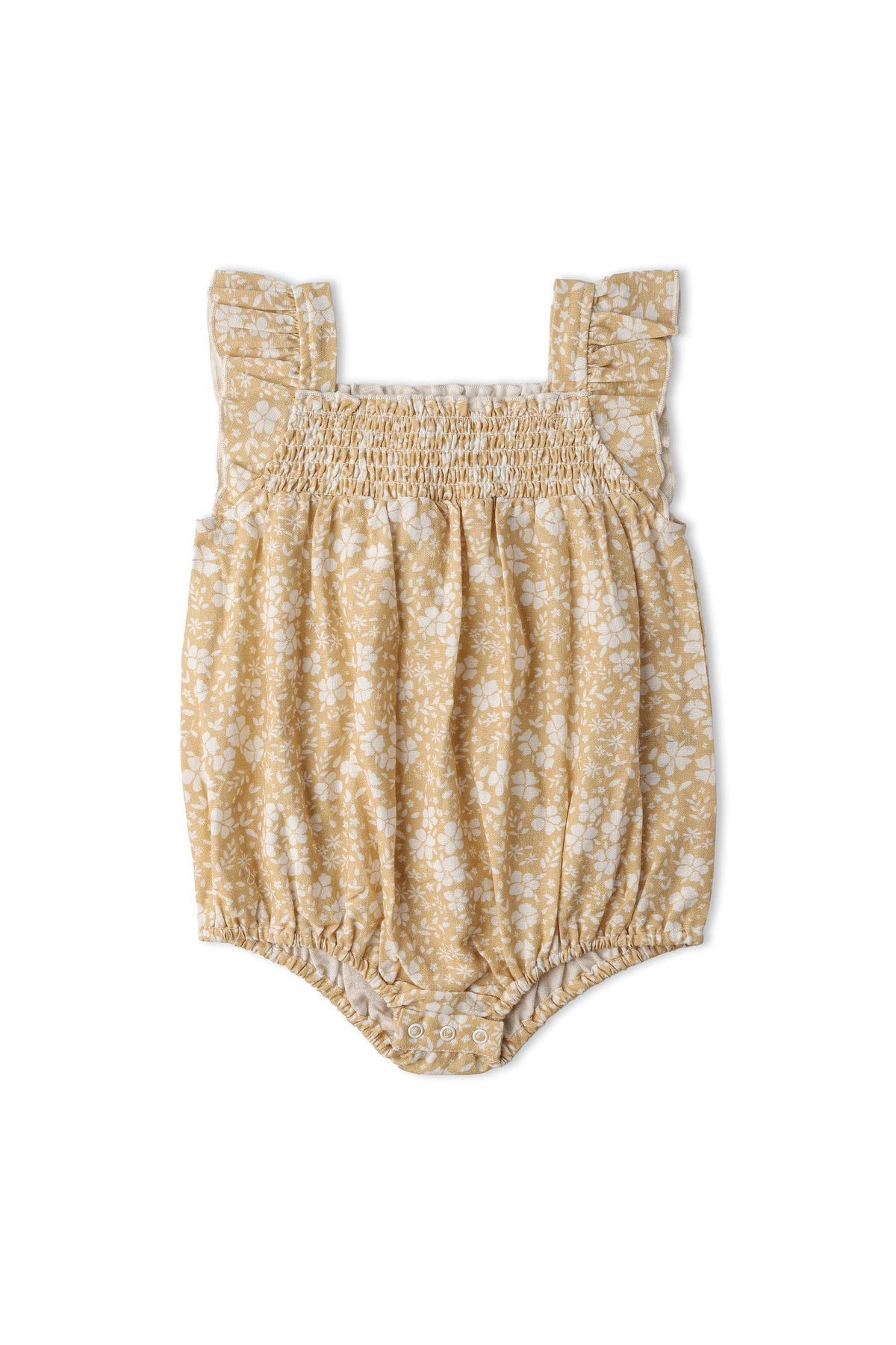 Organic yellow bubble romper featuring ruffle sleeves and a floral pattern, made from soft, breathable fabric. Ideal for playtime, this romper combines comfort with whimsical style for little ones.