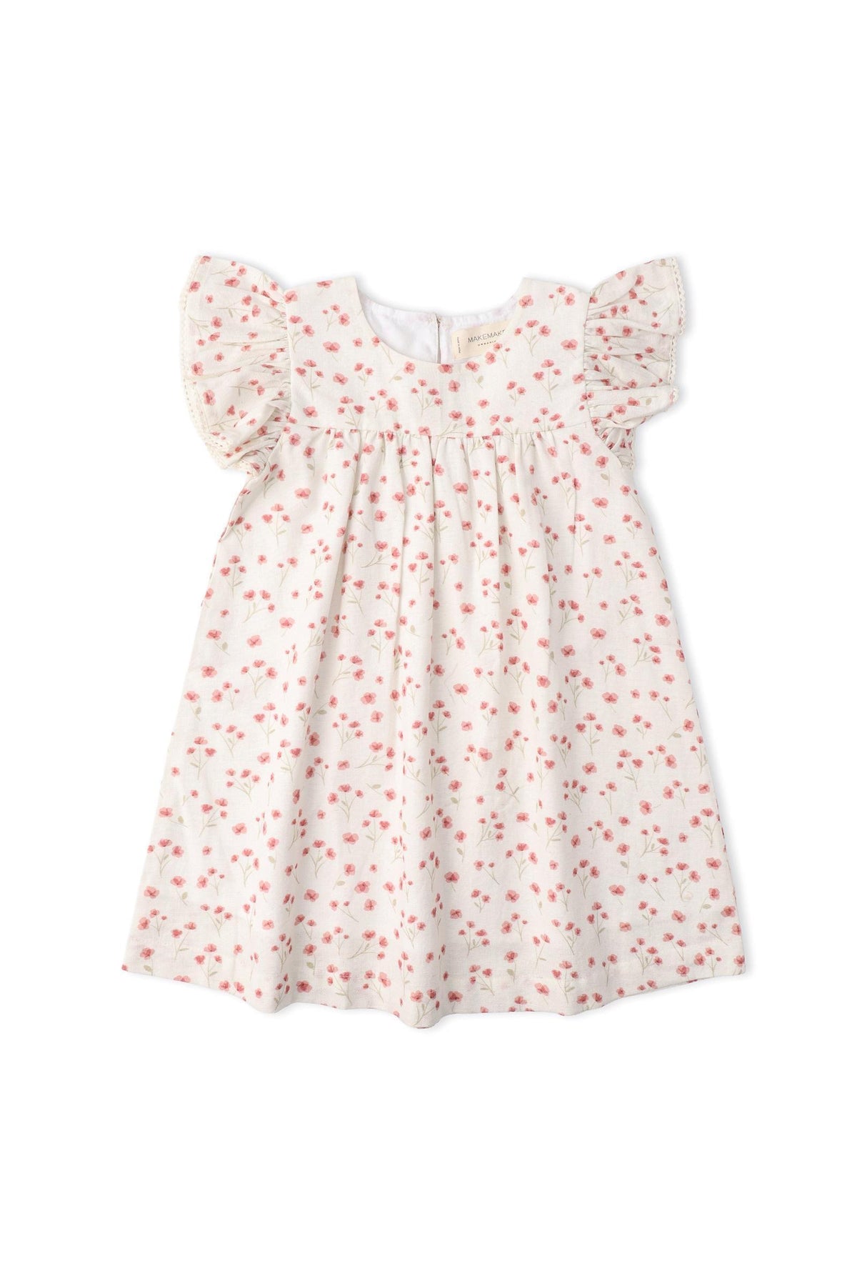 A lightweight, organic cotton dress featuring flutter sleeves and a delicate pink floral pattern on a soft white background, perfect for warm weather and designed for young girls.
