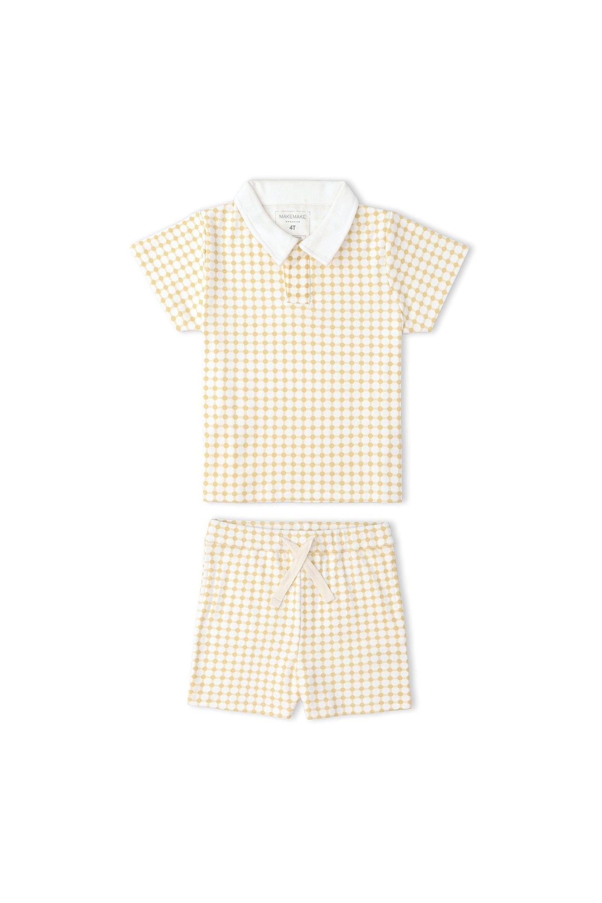 A yellow and white checkered collar tee and matching shorts set made from ultra-soft organic cotton. This stylish outfit is perfect for sunny day adventures, ideal for little ones.