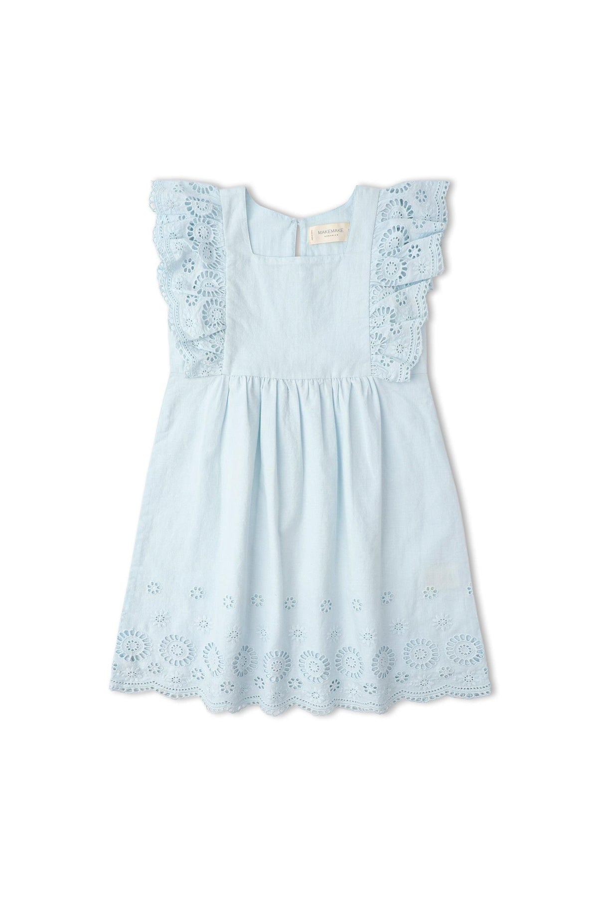 Light blue organic cotton dress featuring delicate eyelet detailing and flutter sleeves. This playful dress is perfect for young girls, combining comfort with timeless style for various occasions.