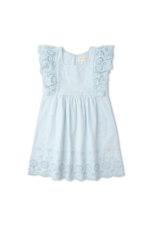 Light blue organic cotton dress featuring delicate eyelet detailing and flutter sleeves. This playful dress is perfect for young girls, combining comfort with timeless style for various occasions.