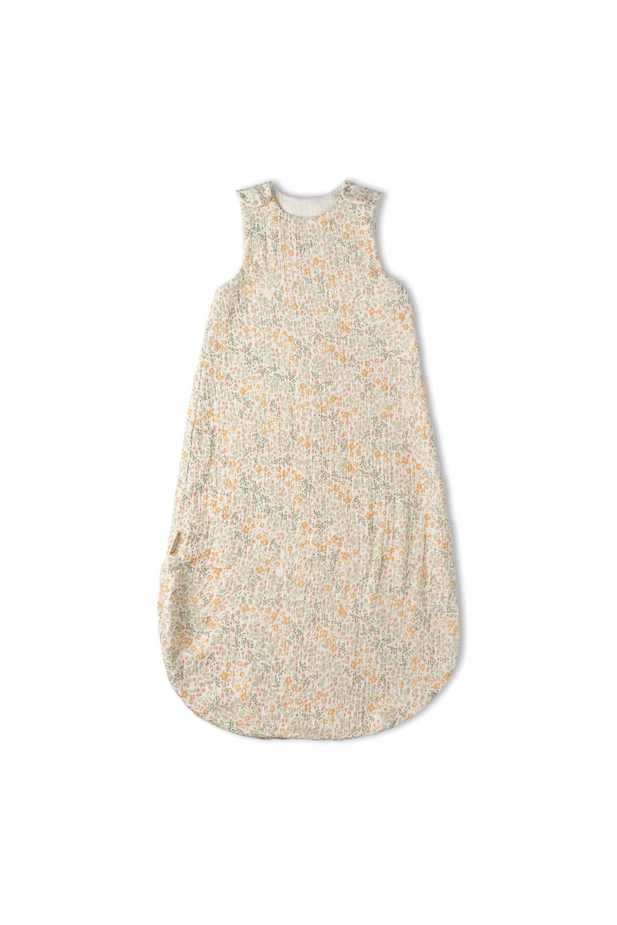 A floral-patterned wearable blanket in soft, breathable muslin, made from 100% organic cotton. Ideal for cozy bedtime snuggles, this blanket ensures comfort without overheating for little ones.