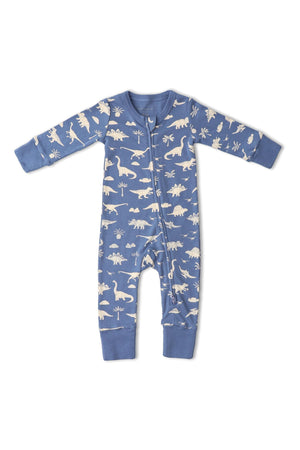 A blue organic cotton romper featuring a playful dinosaur print in cream. The design includes a two-way zipper and fold-over mittens, ideal for comfortable wear and easy diaper changes.