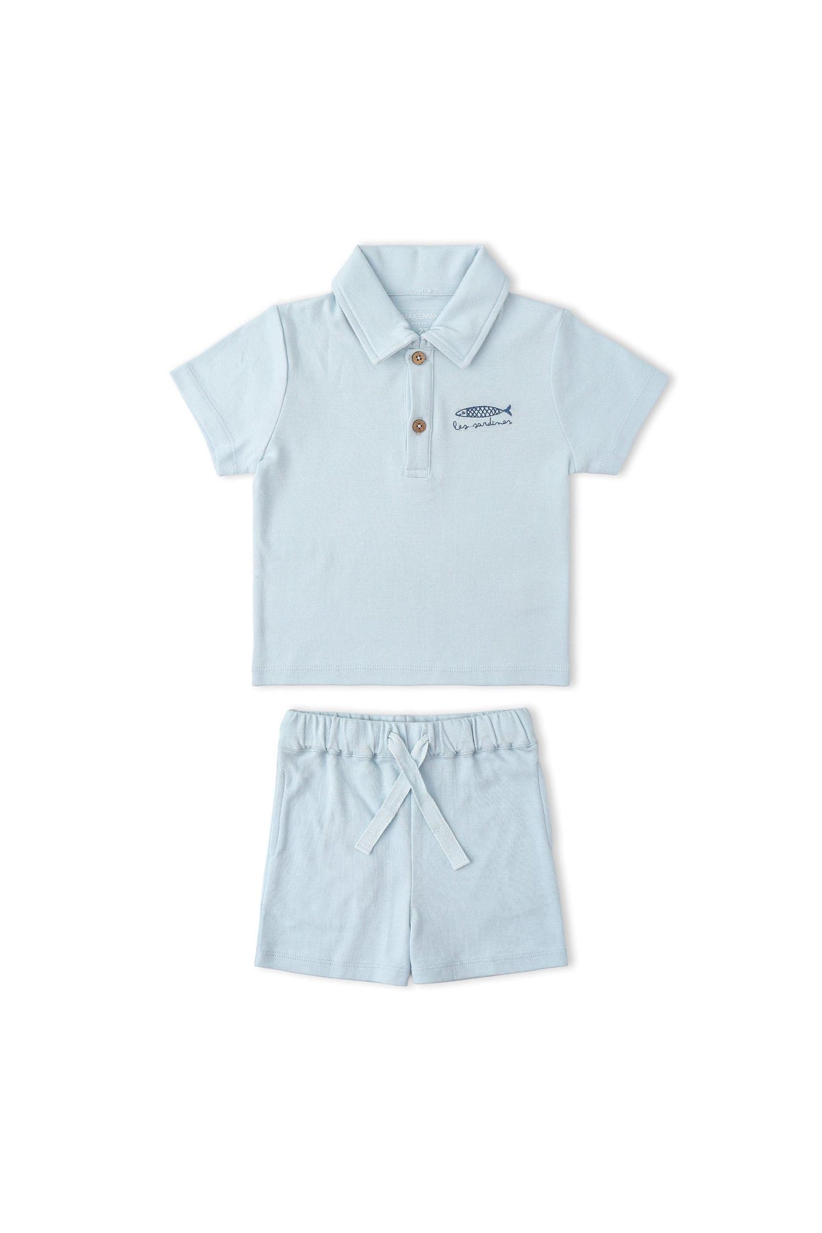 Light blue organic cotton polo shirt and matching shorts set featuring a buttoned collar and playful fish embroidery, perfect for children’s casual wear. Ideal for comfort and style during playdates.
