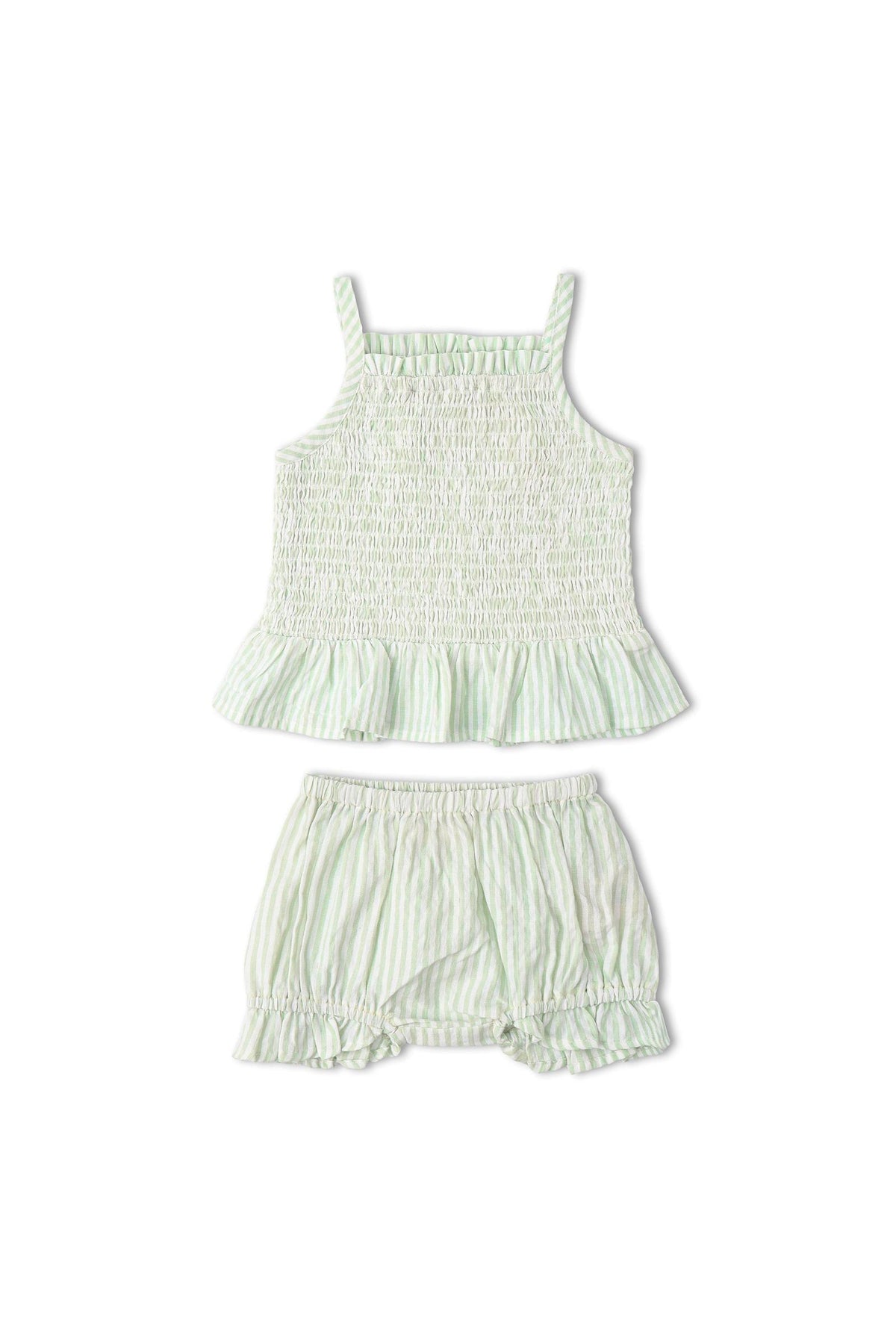 Organic smocked top and bloomer set in basil stripes, featuring delicate smocking and a playful silhouette. Made from airy seersucker fabric, perfect for keeping little ones cool and comfortable.