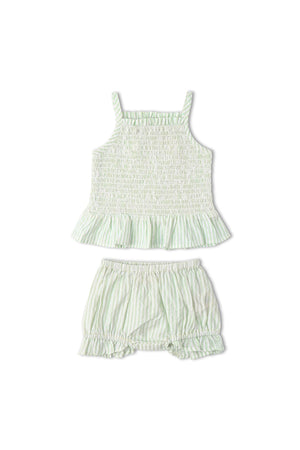 Organic smocked top and bloomer set in basil stripes, featuring delicate smocking and a playful silhouette. Made from airy seersucker fabric, perfect for keeping little ones cool and comfortable.