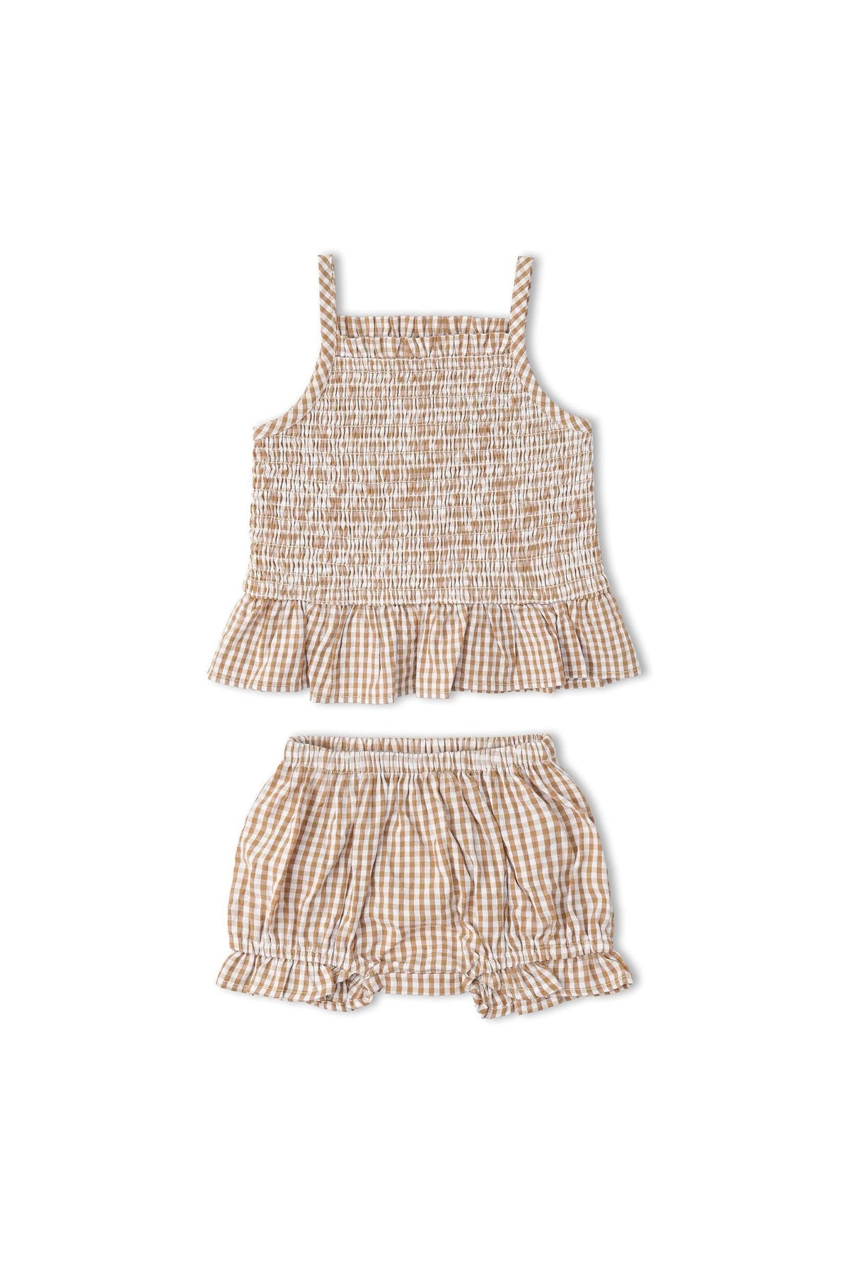 Organic caramel check smocked top and bloomer set featuring delicate smocking and a ruffled hem. Made from lightweight, breathable fabric, perfect for warm weather adventures for young children.