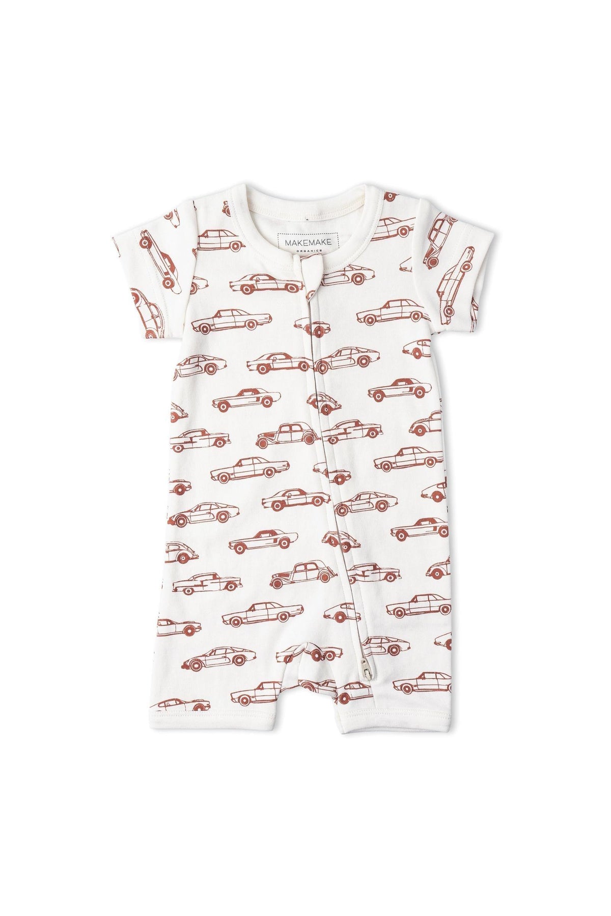 White short-sleeved romper featuring a playful car print in red and brown. Made from soft, organic cotton, this stylish piece is perfect for toddlers and ensures comfortable wear.