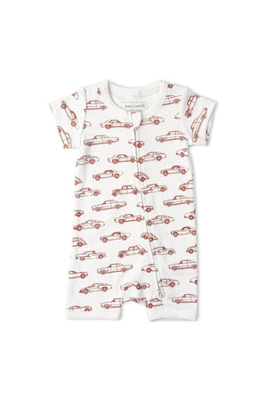White short-sleeved romper featuring a playful car print in red and brown. Made from soft, organic cotton, this stylish piece is perfect for toddlers and ensures comfortable wear.