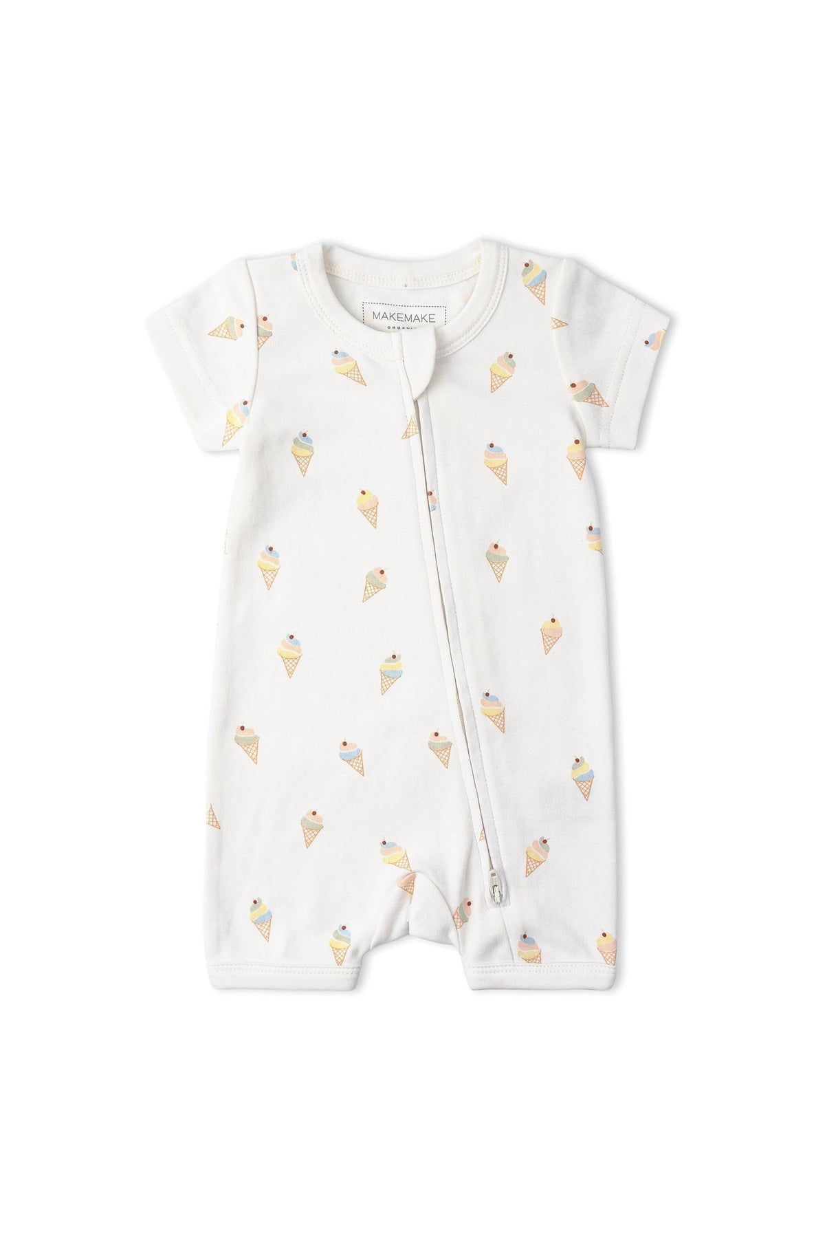 White short zip romper featuring a playful ice cream cone pattern. Made from soft, organic cotton, its designed for comfort and convenience, perfect for warm weather and active toddlers.