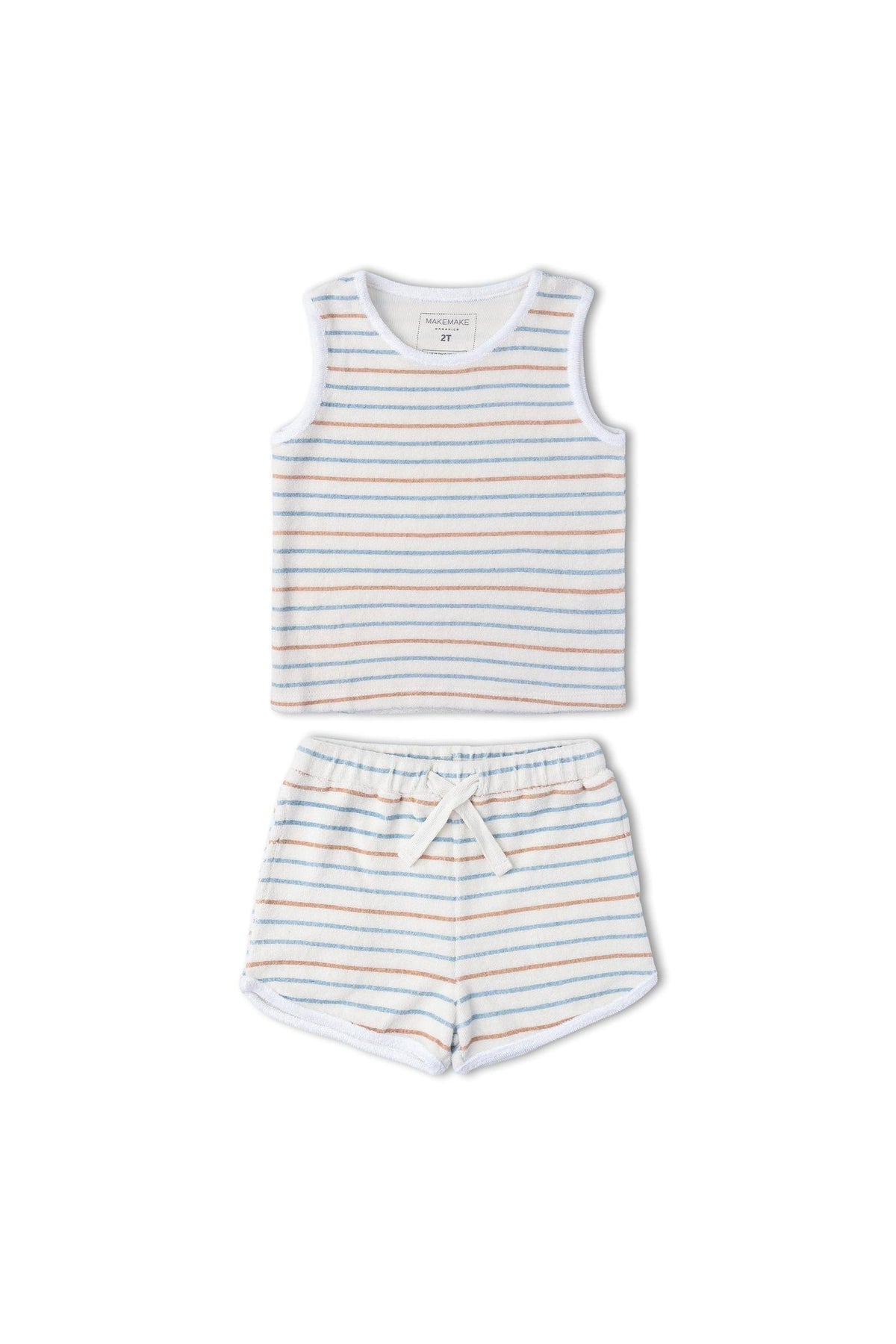 Organic cotton sleeveless tee and shorts set features soft terry material with colorful cabana stripes. Ideal for lounging or play, this sustainable set offers comfort for sunny days.