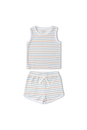Organic cotton sleeveless tee and shorts set features soft terry material with colorful cabana stripes. Ideal for lounging or play, this sustainable set offers comfort for sunny days.
