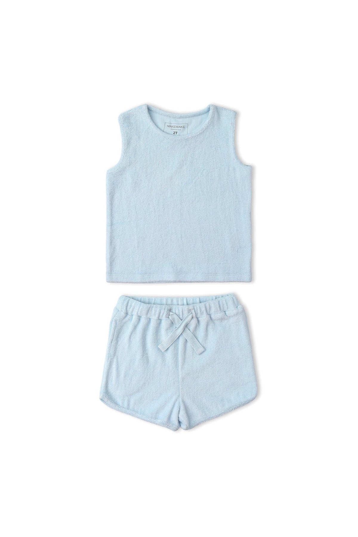 Light blue organic cotton sleeveless tee and shorts set featuring a soft, towel-like texture. Ideal for casual wear, this comfortable outfit is perfect for sunny days and playtime.
