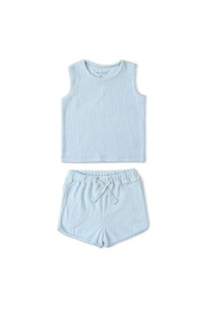 Light blue organic cotton sleeveless tee and shorts set featuring a soft, towel-like texture. Ideal for casual wear, this comfortable outfit is perfect for sunny days and playtime.
