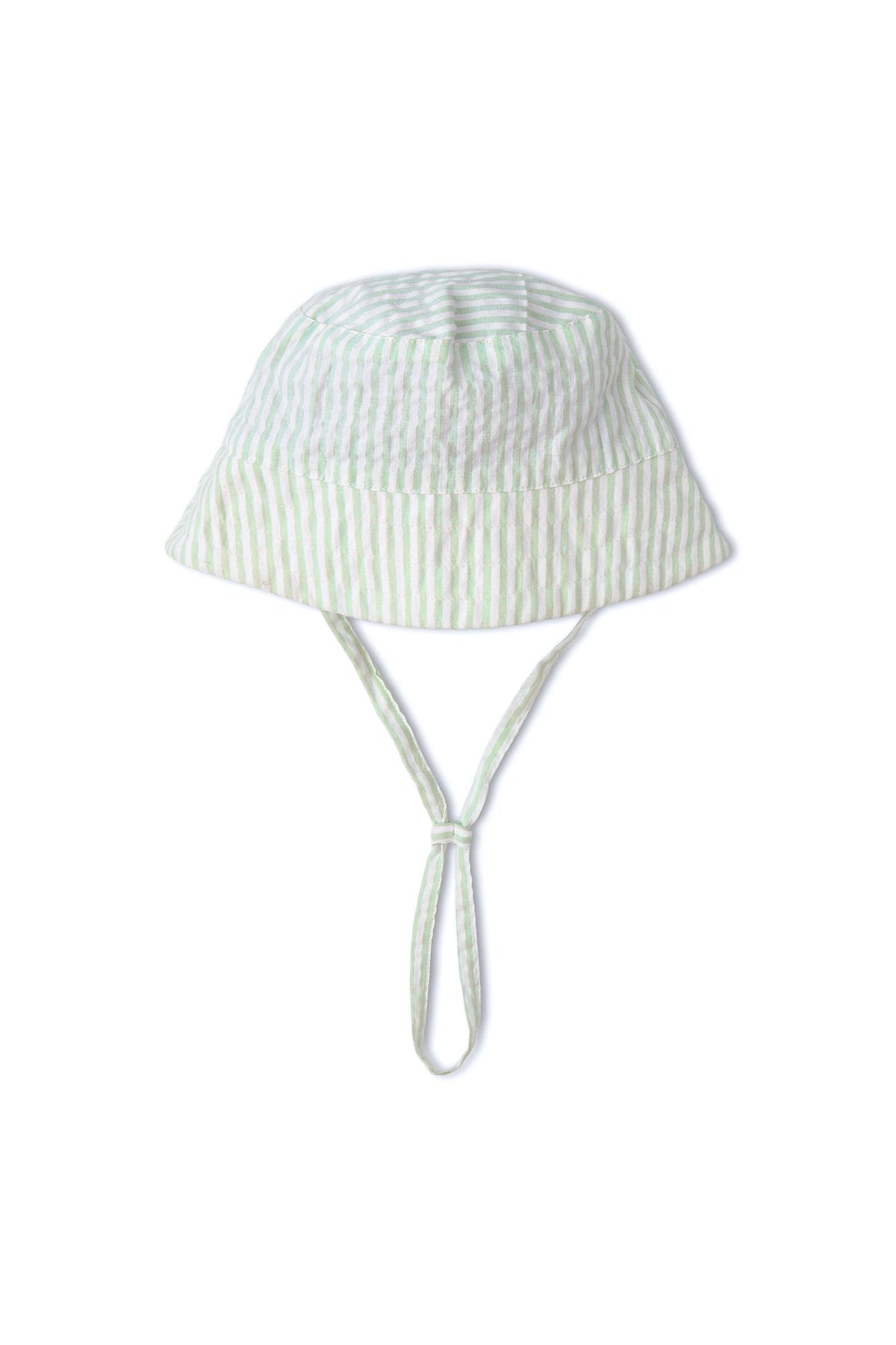 A light green and white striped organic cotton bucket hat features a wide brim and adjustable chin strap, designed for comfort and sun protection for outdoor activities.