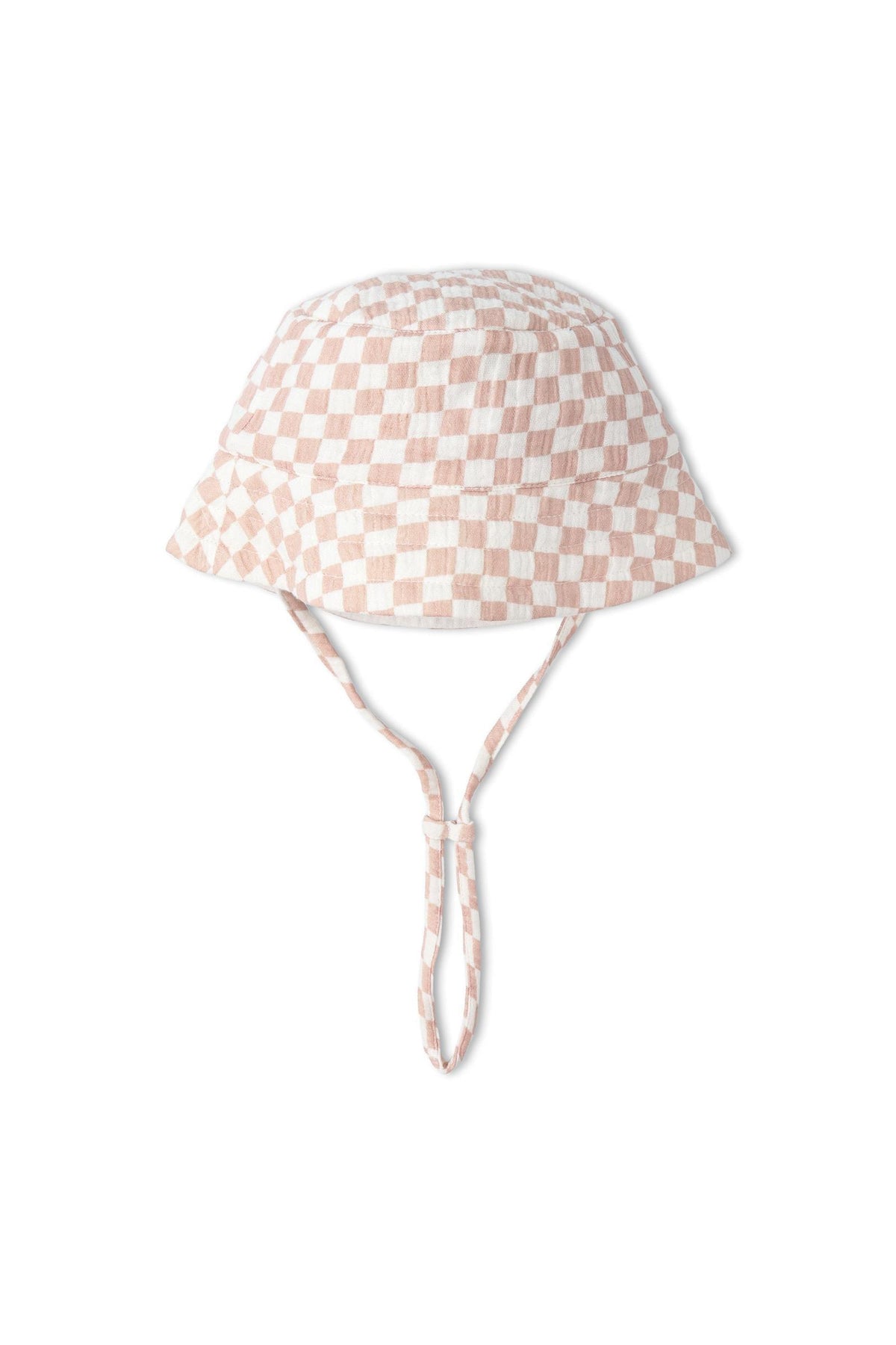 A brick check-patterned organic cotton bucket sun hat featuring a wide brim and adjustable chin straps. Ideal for sun protection and outdoor activities for children.