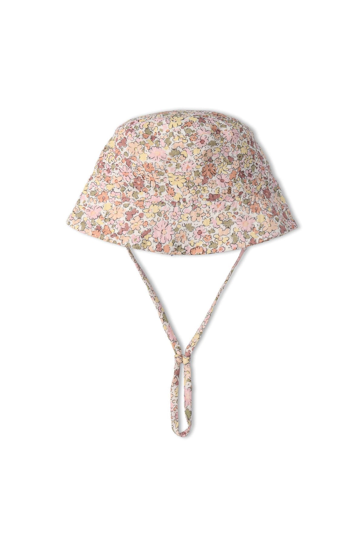 Pastel floral bucket sun hat made from soft, breathable organic cotton. Designed for sun protection and comfort, it features a chin strap for a secure fit during outdoor activities.