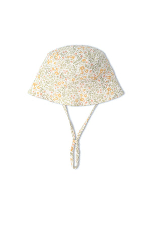 Organic Bucket Sun Hat featuring a floral pattern in soft hues of green and orange. Made from breathable organic cotton, it includes a chin strap for secure fit during outdoor.